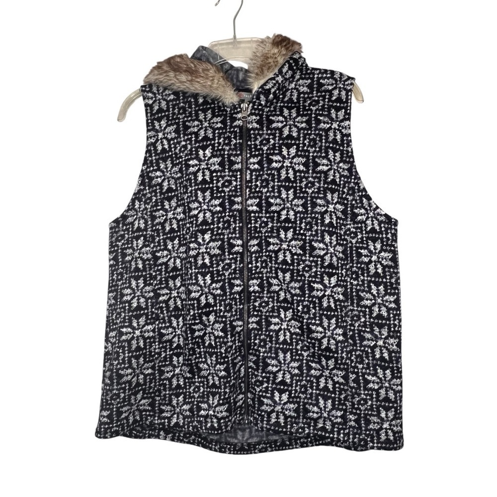T by Talbots Vest Blue White Snowflake Faux Fur Trim Hood Full Zip Plus Size 1X
